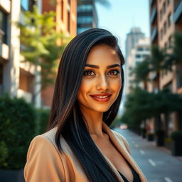 a tall transgender woman of Middle Eastern appearance with long, smooth black hair