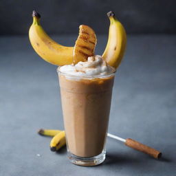 An artistic image that encompasses a frosty, iced coffee juxtaposed with a grilled, caramelized banana on a stick, emphasizing the contrast between the cool beverage and the warm snack.