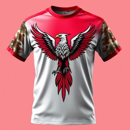 A stylish t-shirt with a red and white background, featuring the majestic Garuda bird