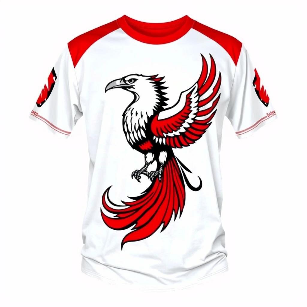 A stylish t-shirt with a red and white background, featuring the majestic Garuda bird