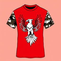 A stylish t-shirt with a red and white background, featuring the majestic Garuda bird