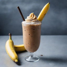 An artistic image that encompasses a frosty, iced coffee juxtaposed with a grilled, caramelized banana on a stick, emphasizing the contrast between the cool beverage and the warm snack.