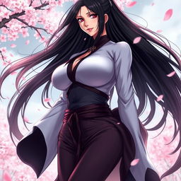 Unohana Retsu from Bleach with stunning features, accentuating her voluptuous figure including large breasts and a pronounced curvy hips