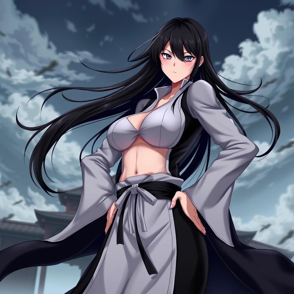 Unohana Retsu from Bleach with exaggerated proportions, a larger than usual chest and hips, displaying her in a powerful and confident stance