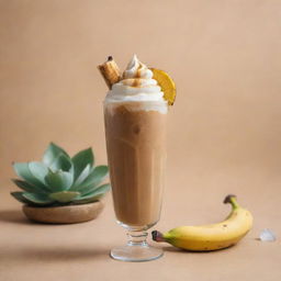 A harmonious art composition displaying a frosty iced coffee and a succulent grilled banana skewer, capturing the lively interaction between the warm and cool tones.