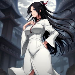 Unohana Retsu from Bleach with exaggerated proportions, a larger than usual chest and hips, displaying her in a powerful and confident stance