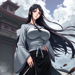 Unohana Retsu from Bleach with exaggerated proportions, a larger than usual chest and hips, displaying her in a powerful and confident stance