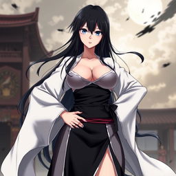 Unohana Retsu from Bleach with exaggerated proportions, a larger than usual chest and hips, displaying her in a powerful and confident stance