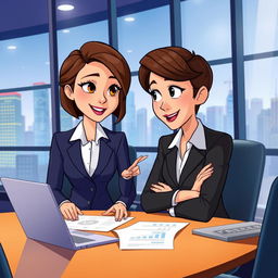 An animated scene featuring Ana, a confident woman with short brown hair and a sharp business outfit, seated across from a potential supplier in a sleek, modern office setting