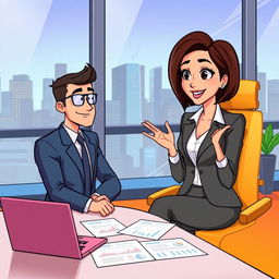 An animated scene featuring Ana, a confident woman with short brown hair and a sharp business outfit, seated across from a potential supplier in a sleek, modern office setting