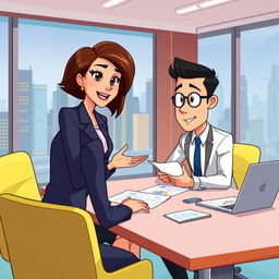 An animated scene featuring Ana, a confident woman with short brown hair and a sharp business outfit, seated across from a potential supplier in a sleek, modern office setting