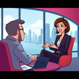 An animated scene featuring Ana, a confident woman with short brown hair and a sharp business outfit, seated across from a potential supplier in a sleek, modern office setting