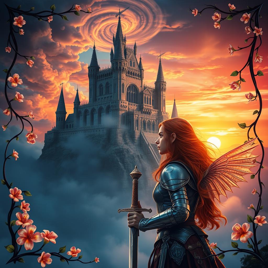 A captivating and mysterious fantasy novel cover featuring an ancient, majestic castle floating in the sky, surrounded by ethereal, swirling clouds and a vibrant sunset that casts a magical glow