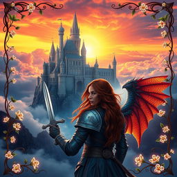 A captivating and mysterious fantasy novel cover featuring an ancient, majestic castle floating in the sky, surrounded by ethereal, swirling clouds and a vibrant sunset that casts a magical glow