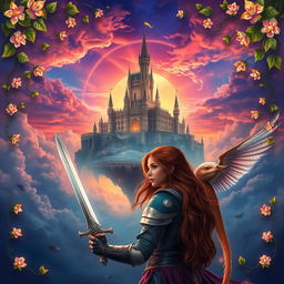 A captivating and mysterious fantasy novel cover featuring an ancient, majestic castle floating in the sky, surrounded by ethereal, swirling clouds and a vibrant sunset that casts a magical glow