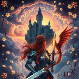 A captivating and mysterious fantasy novel cover featuring an ancient, majestic castle floating in the sky, surrounded by ethereal, swirling clouds and a vibrant sunset that casts a magical glow