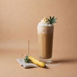 A harmonious art composition displaying a frosty iced coffee and a succulent grilled banana skewer, capturing the lively interaction between the warm and cool tones.