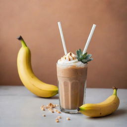 A harmonious art composition displaying a frosty iced coffee and a succulent grilled banana skewer, capturing the lively interaction between the warm and cool tones.