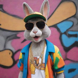 A vibrant, graffiti-style representation of Bugs Bunny dressed in colourful, street-style hip hop attire, complete with oversized sunglasses, baseball cap, and accessorized with chunky gold chains.