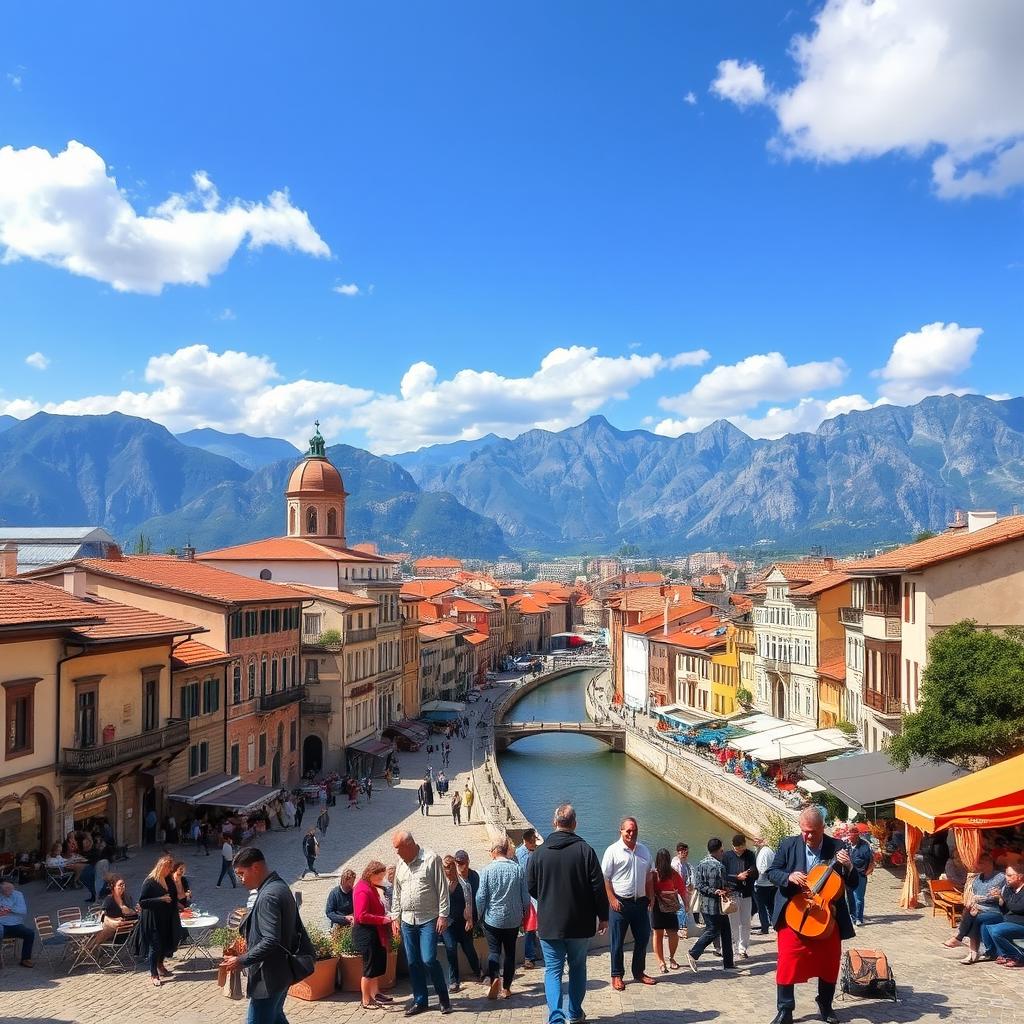 A vibrant cityscape of a Balkan city, showcasing a blend of traditional European architecture with a modern twist