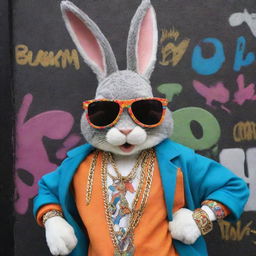 A vibrant, graffiti-style representation of Bugs Bunny dressed in colourful, street-style hip hop attire, complete with oversized sunglasses, baseball cap, and accessorized with chunky gold chains.