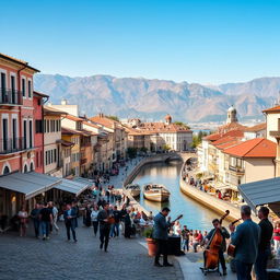 A vibrant cityscape of a Balkan city, showcasing a blend of traditional European architecture with a modern twist