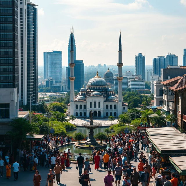 A picturesque cityscape capturing the essence of Malaysia, Singapore, and Indonesia, featuring a blend of modern skyscrapers and traditional architecture