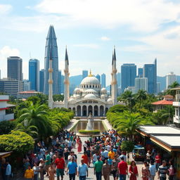 A picturesque cityscape capturing the essence of Malaysia, Singapore, and Indonesia, featuring a blend of modern skyscrapers and traditional architecture