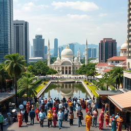 A picturesque cityscape capturing the essence of Malaysia, Singapore, and Indonesia, featuring a blend of modern skyscrapers and traditional architecture