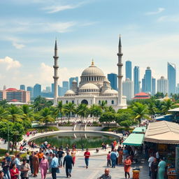 A picturesque cityscape capturing the essence of Malaysia, Singapore, and Indonesia, featuring a blend of modern skyscrapers and traditional architecture