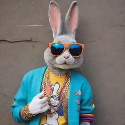 A vibrant, graffiti-style representation of Bugs Bunny dressed in colourful, street-style hip hop attire, complete with oversized sunglasses, baseball cap, and accessorized with chunky gold chains.