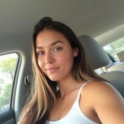 A woman with long hair sitting in a car, wearing a white tank top, looking casually at the camera