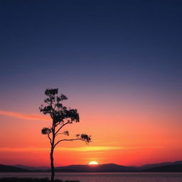 A serene landscape with a sunset over a calm lake