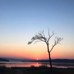 A serene landscape with a sunset over a calm lake