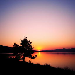 A serene landscape with a sunset over a calm lake