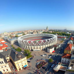 A panoramic view of a stadium located at the intersection of Ukraine, Belarus, and Russia, surrounded by a lively cityscape