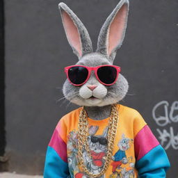 A vibrant, graffiti-style representation of Bugs Bunny dressed in colourful, street-style hip hop attire, complete with oversized sunglasses, baseball cap, and accessorized with chunky gold chains.