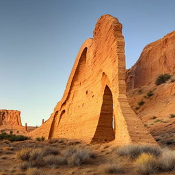 A warm, western scene with an elegant, emphatic arched monument glowing in cream color.