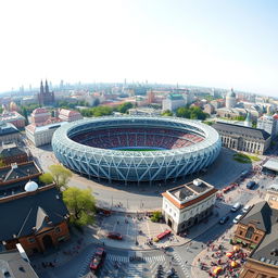 A panoramic view of a stadium located at the intersection of Ukraine, Belarus, and Russia, surrounded by a lively cityscape