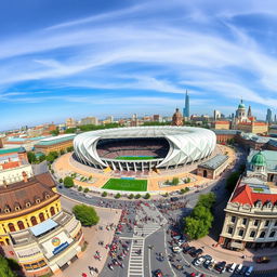 A panoramic view of a stadium located at the intersection of Ukraine, Belarus, and Russia, surrounded by a lively cityscape