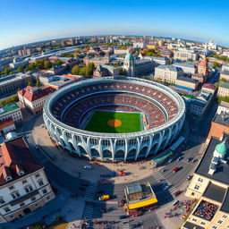 A panoramic view of a stadium located at the intersection of Ukraine, Belarus, and Russia, surrounded by a lively cityscape