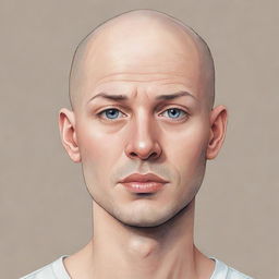 An illustration of a bald, young man with unique and untraditional features.