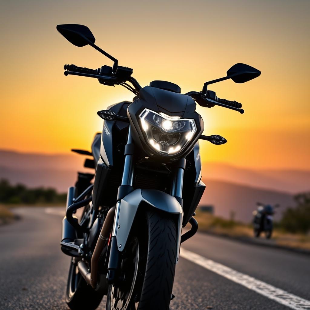 Yamaha MT-09 motorcycle parked on a scenic road, with the mountains in the background and a sunset sky casting a warm glow