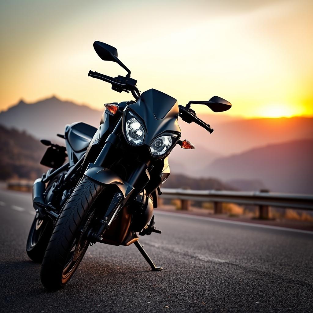 Yamaha MT-09 motorcycle parked on a scenic road, with the mountains in the background and a sunset sky casting a warm glow