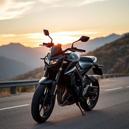 Yamaha MT-09 motorcycle parked on a scenic road, with the mountains in the background and a sunset sky casting a warm glow