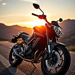 Yamaha MT-09 motorcycle parked on a scenic road, with the mountains in the background and a sunset sky casting a warm glow