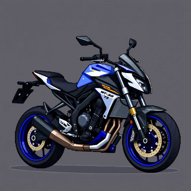 Pixel art of a Yamaha MT-09 motorcycle, featuring detailed and distinct pixel design showing the sleek and aerodynamic body of the motorcycle