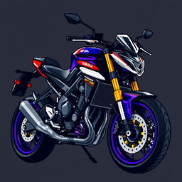 Pixel art of a Yamaha MT-09 motorcycle designed for a notebook cover, featuring detailed pixel design with the motorcycle's aggressive and sleek style