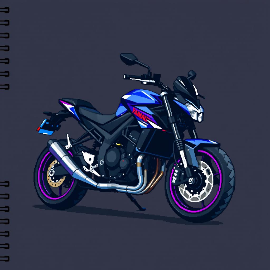 Pixel art of a Yamaha MT-09 motorcycle designed for a notebook cover, featuring detailed pixel design with the motorcycle's aggressive and sleek style