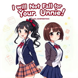 Book cover for 'I Will Not Fall for Your Trick, Unnie!' Hae-jin, a cheerful girl with long, wavy black hair in a high ponytail with a red ribbon, wearing the Seorim High School uniform—a navy blazer, plaid skirt, and white blouse